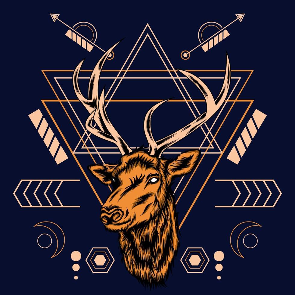 Tête de cerf avec motif de géométrie sacrée sur fond noir-vector illustration rétro vecteur