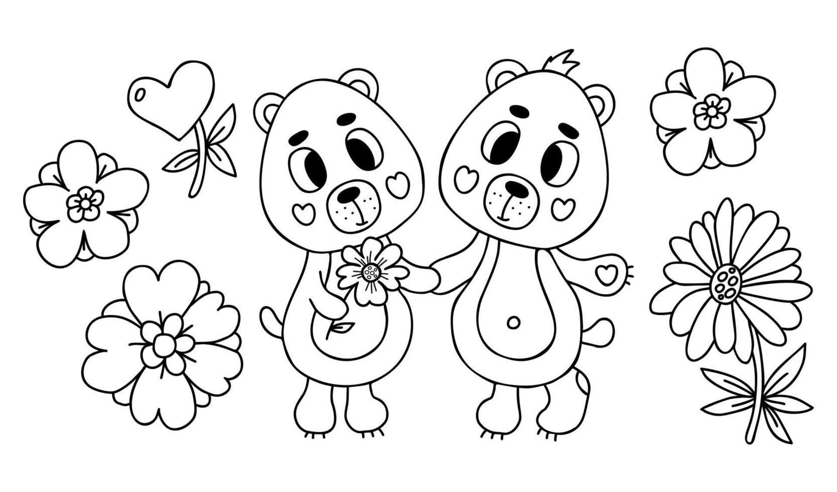 collection mignonne paire dans l'amour ours avec fleurs. vecteur illustration dans griffonnage style. isoler contour dessins. marrant mignonne animal personnages.