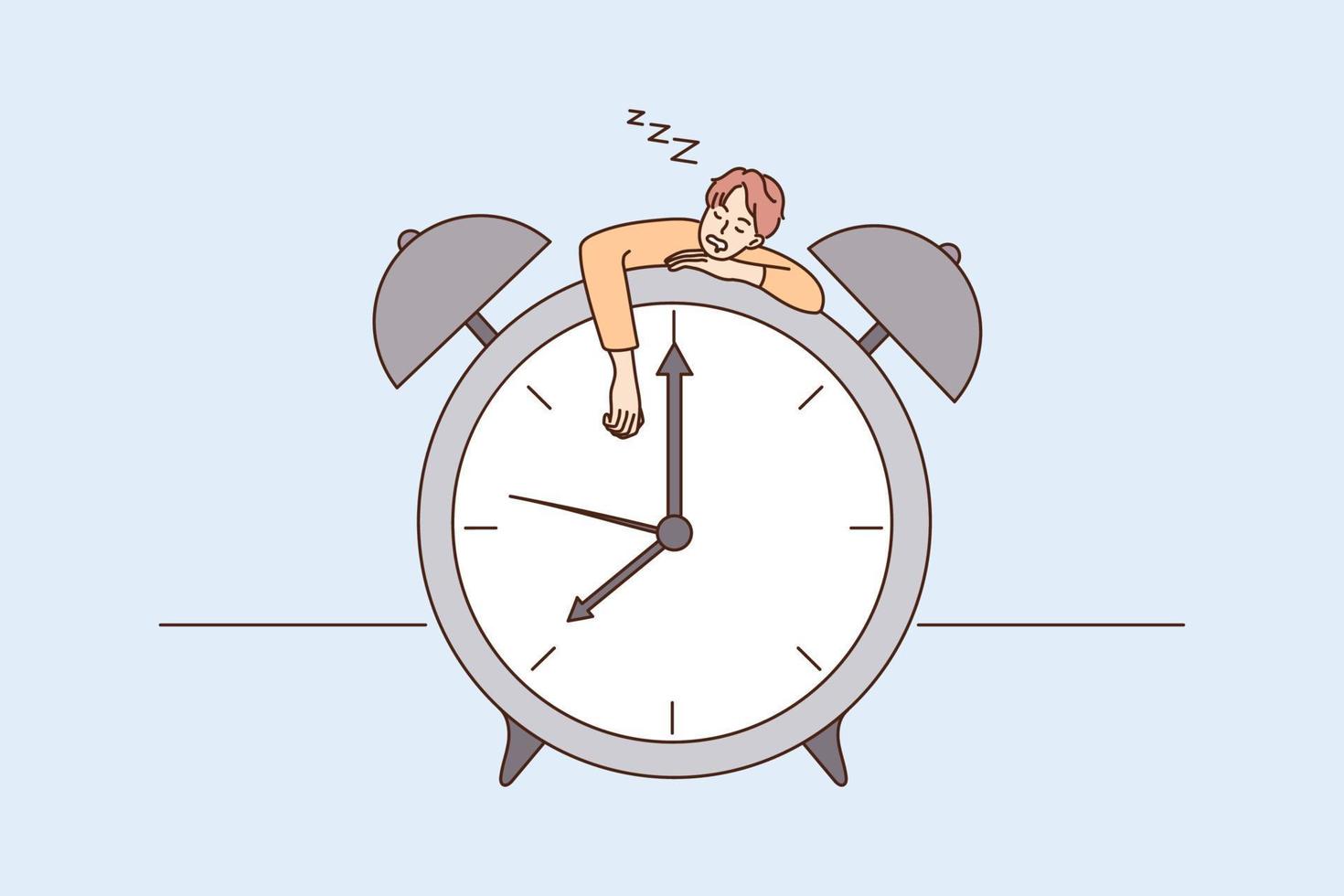 fatigué Jeune homme sommeil sommeiller sur énorme l'horloge ressentir dépassé. épuisé Masculin tomber endormi sieste sur montre, avoir besoin relaxation. minuscule personnes. surmenage, Burnout, fatigue concept. plat vecteur illustration.