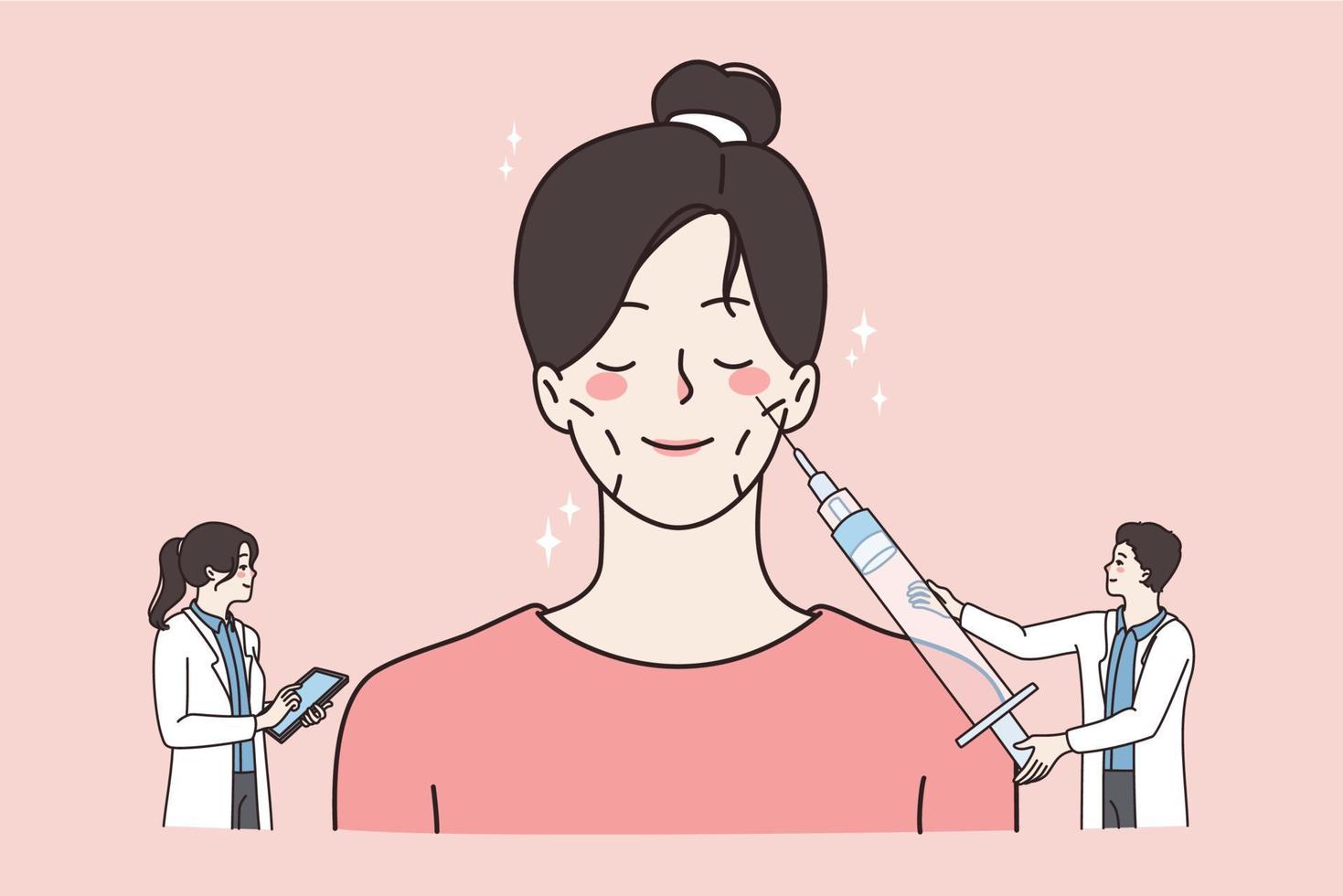 beauté traitement et soin de la peau concept. Jeune médecins cosmétologues fabrication beauté injection à Jeune femme visage peau vecteur illustration