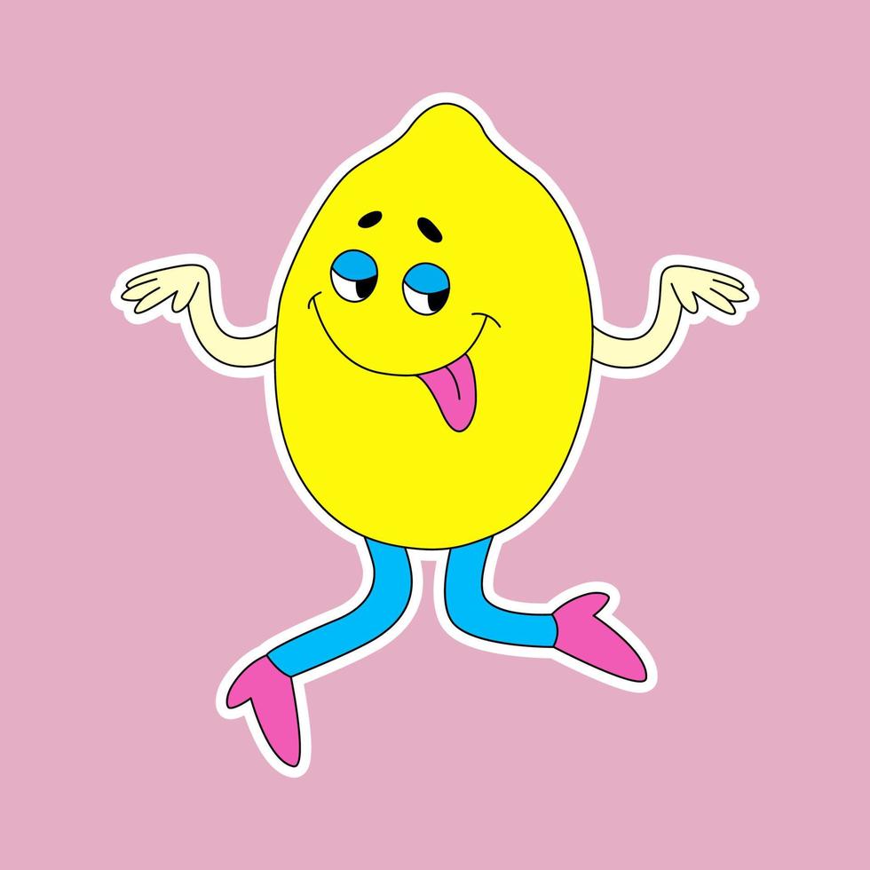 marrant dessin animé personnage citron avec le émotion de fou. mignonne fruit autocollant dans rétro style. vecteur