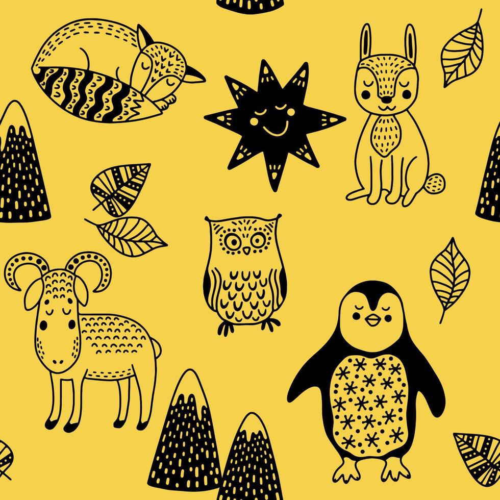 mignonne des gamins scandinave sans couture modèle avec animaux. lapin, mouton, Renard, manchot, hibou, montagnes et feuilles. dessin animé illustration avec griffonnages pour bébé douche, garderie décor, les enfants conception. vecteur. vecteur