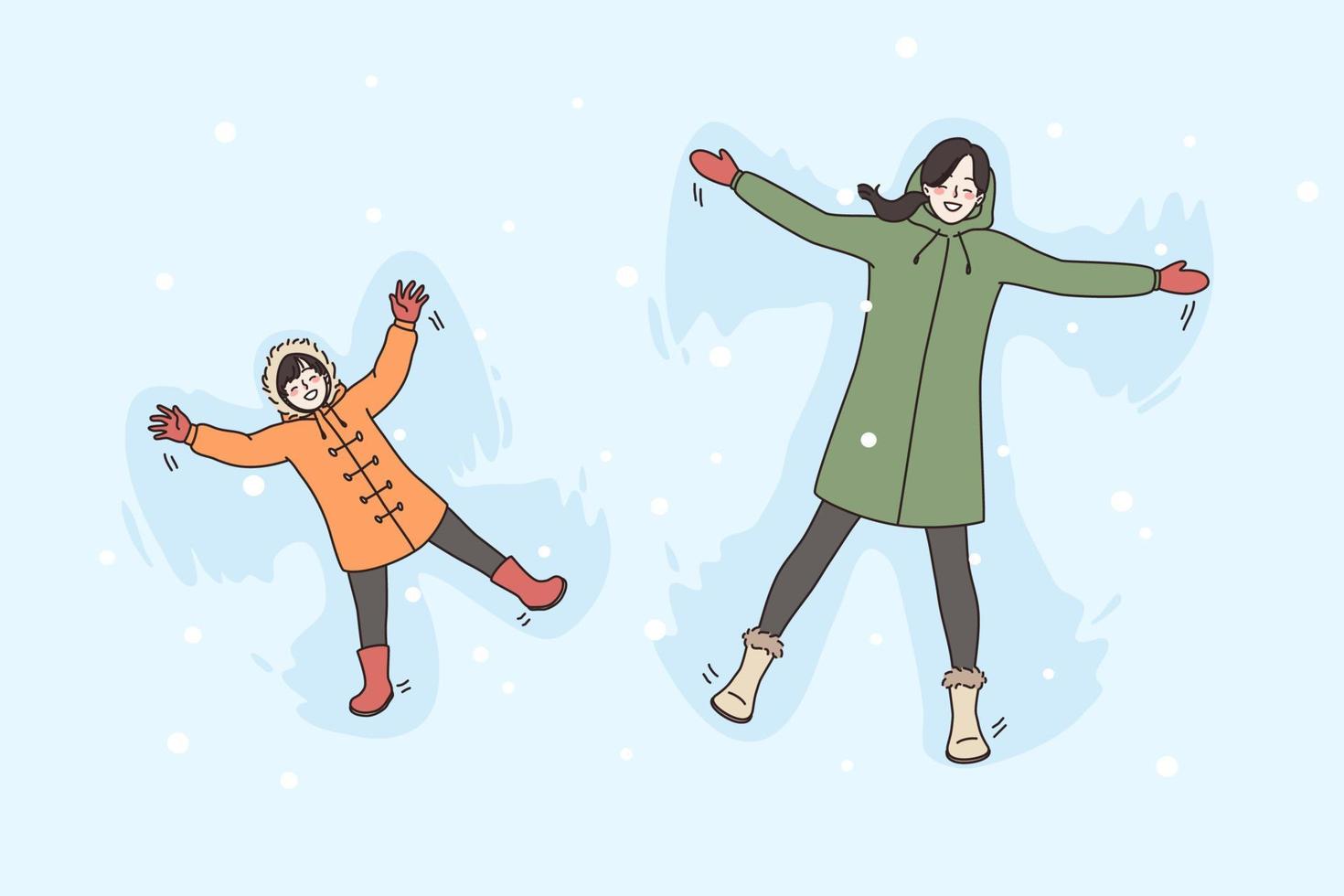 vacances hiver Activités loisir concept. content souriant femme et enfant couple mensonge et en jouant neige ange dans hiver ensemble vecteur illustration