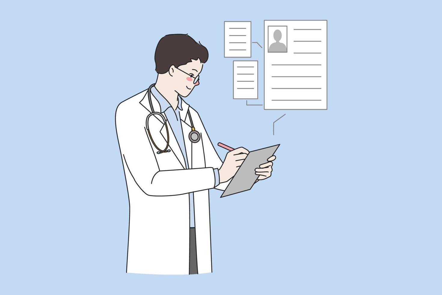 homme médecin dans blanc médical uniforme remplir patient Les données sur moderne tablette. électronique hôpital client profil sur appareil. gp avoir en ligne consultation. Nouveau technologie, médicament. vecteur illustration.