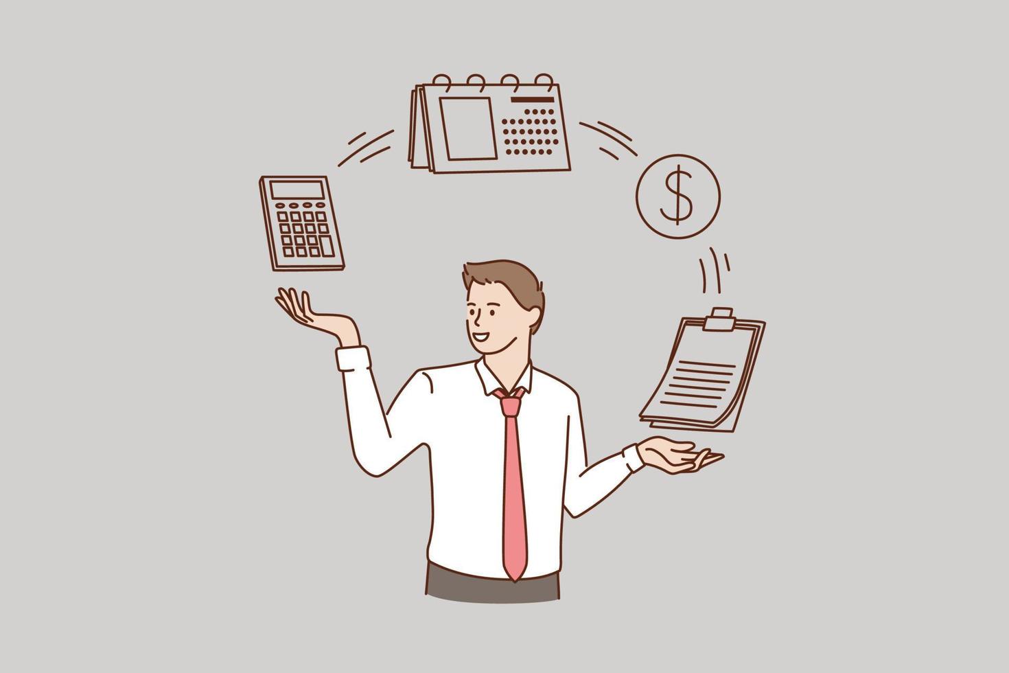 souriant homme dessin animé personnage en utilisant calculatrice machine plan entreprise budget investissement. Masculin avec les documents planificateur gérer dépenses. entreprise, la finance concept, plat vecteur illustration.