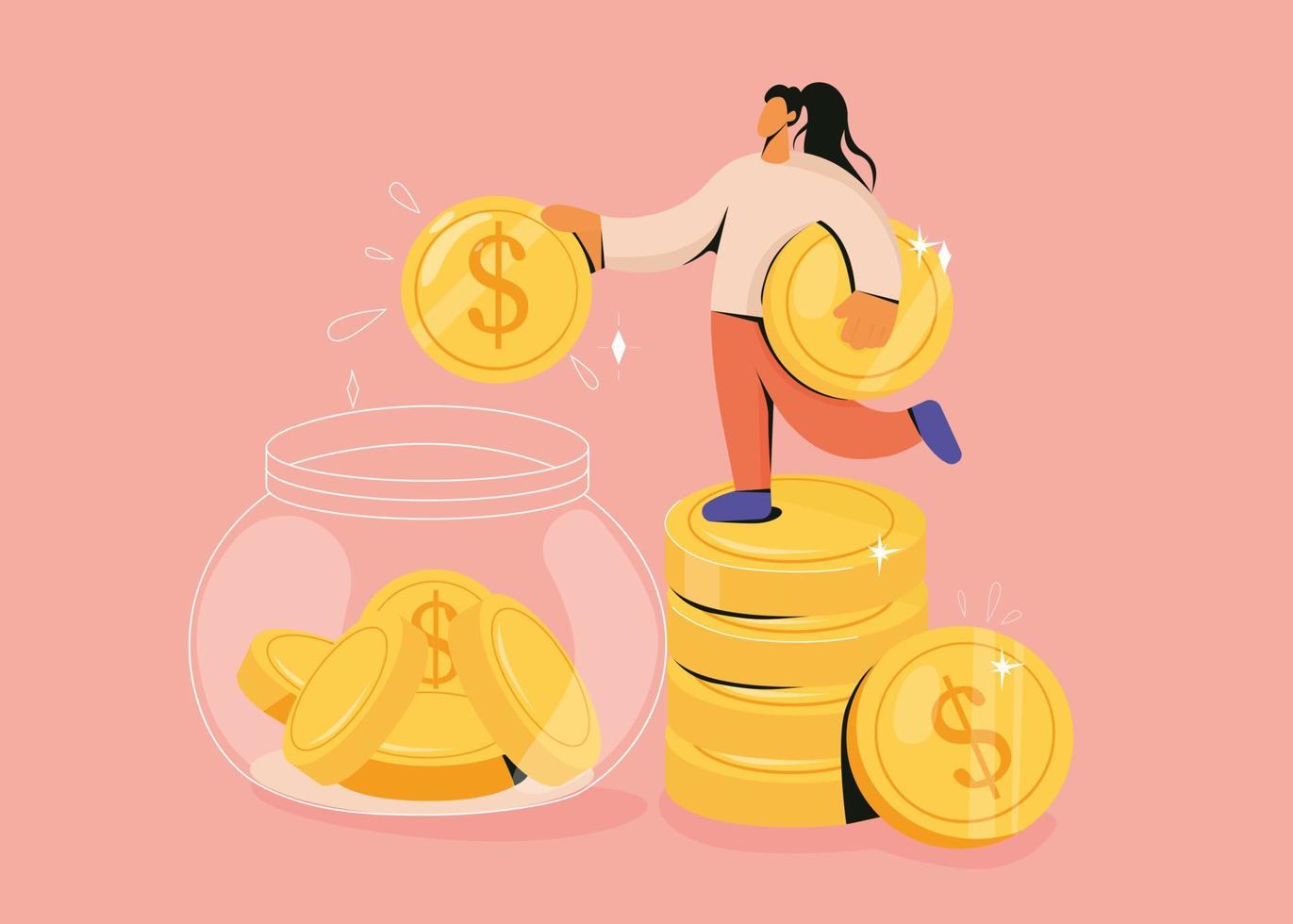 femme mettre laissez tomber dollar pièce de monnaie dans pot tirelire faire économie investissement pour avenir. fille collecte argent, accumuler capital. investir et dépôt, la finance et bancaire concept. vecteur illustration.