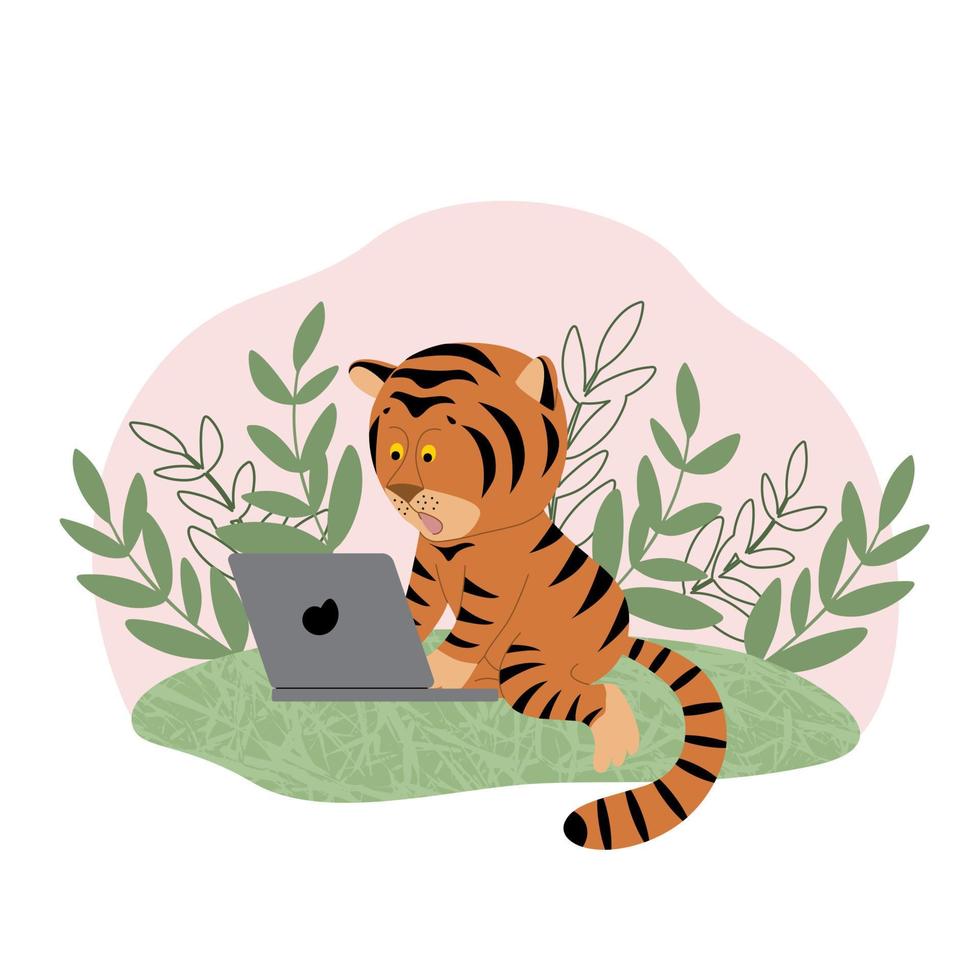 mignonne tigre lionceau avec une portable sur une vert pelouse. enfants illustration de le Nouveau années symbole de 2022 sur le Contexte de tropical feuilles. vecteur illustration.