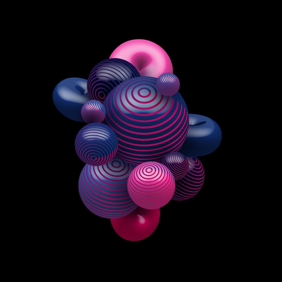 3d abstrait bleu et rose dégradé de couleur boules réalistes décoratives volant au hasard sur fond noir vecteur