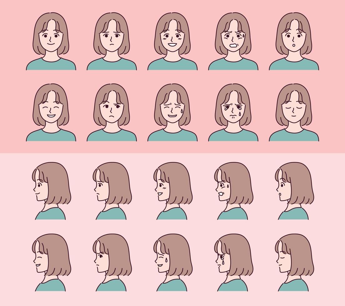 ensemble de personnages de fille de visage avec diverses expressions d'émotion. vecteur