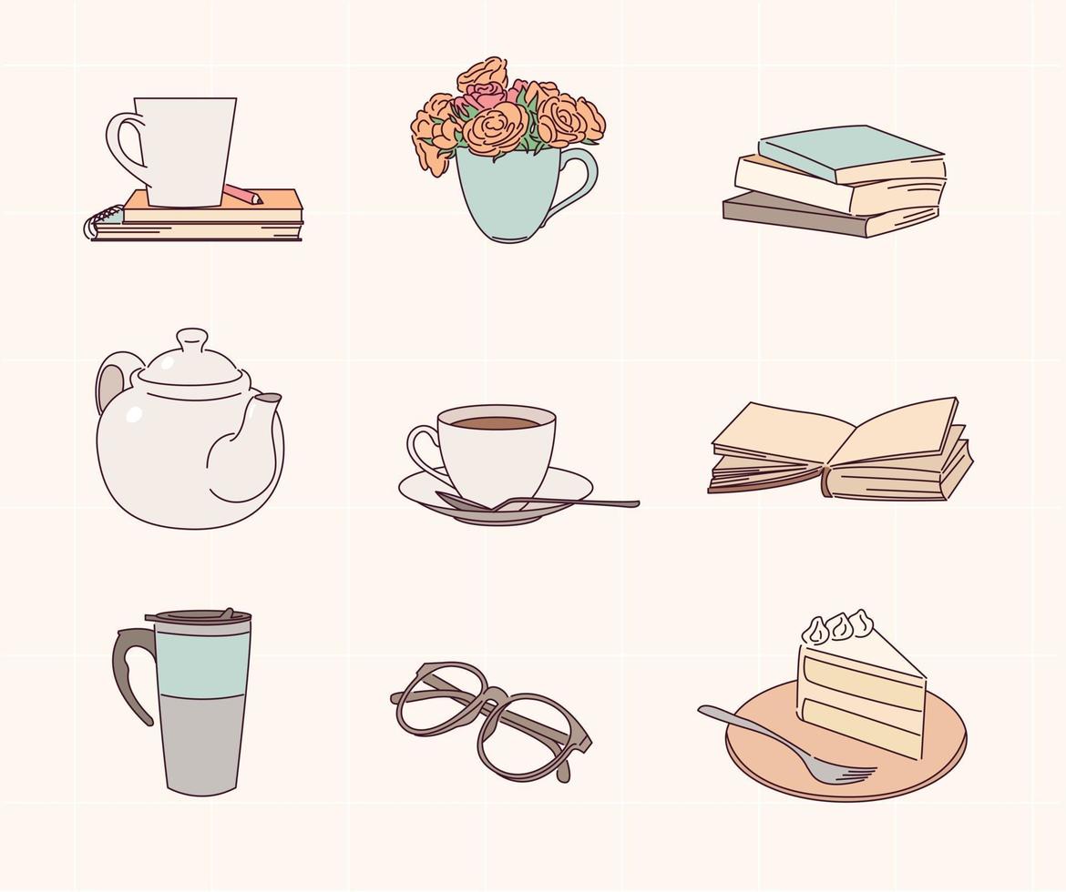 des objets que vous pouvez profiter de l'heure du thé en lisant un livre. vecteur