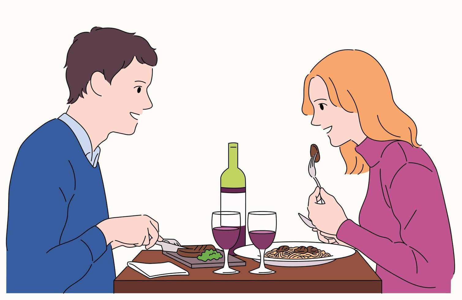 un couple se fait face et sourit. ils ont un repas romantique dans un bon restaurant. vecteur