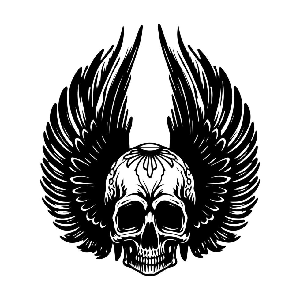 chicano crâne avec ailes tatouage conception noir et blanc main tiré illustration vecteur