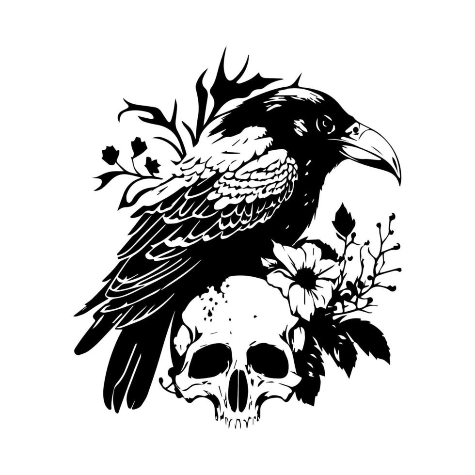 frappant et de mauvais augure main tiré ligne art illustration de une corbeau dans une crâne diriger, mettant en valeur une la fusion de le Naturel et le macabre vecteur