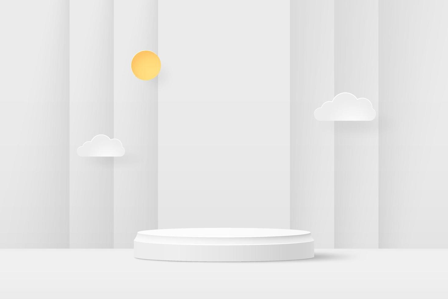3d blanc podium vitrine avec des nuages et Soleil papier Couper style. vecteur papier art illustration. eps10
