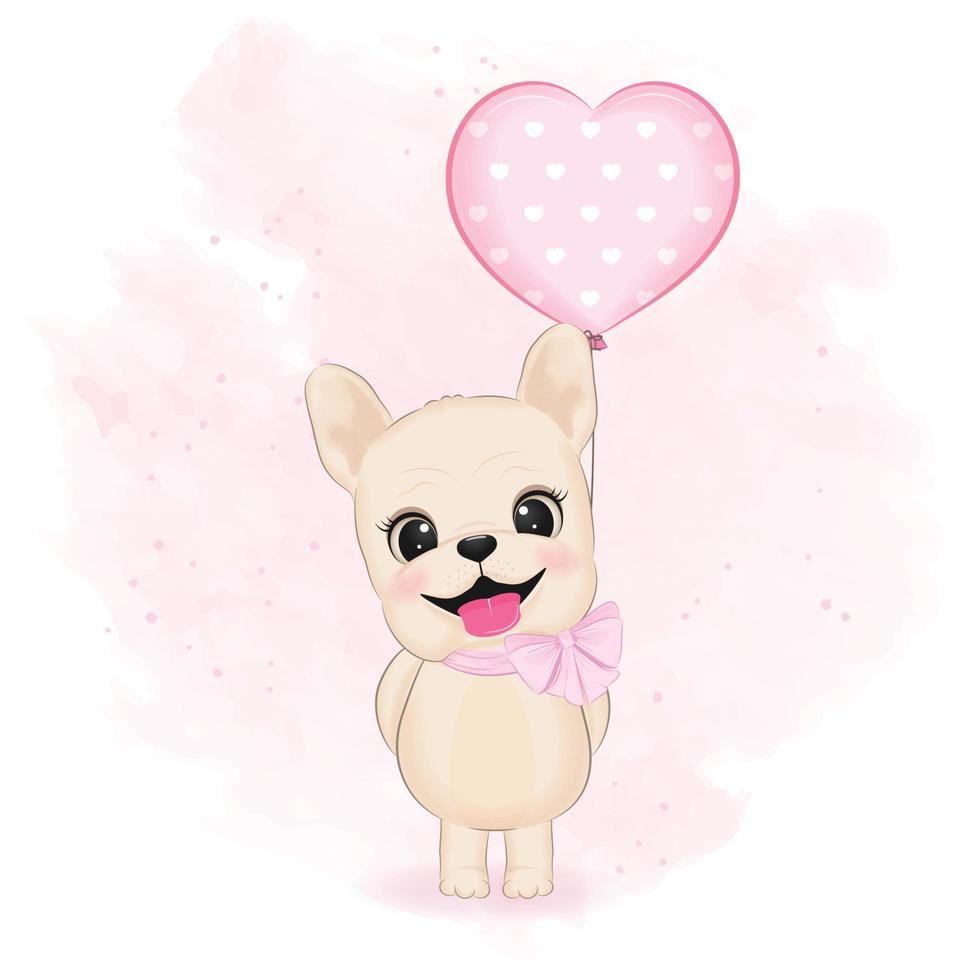 mignon bouledogue français et coeur ballon saint valentin concept illustration vecteur