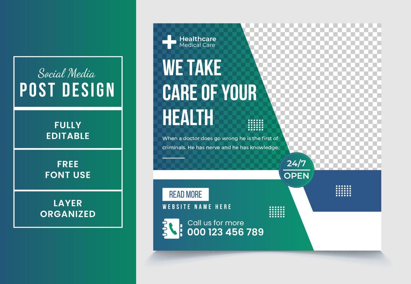 nous prendre se soucier de votre santé carré promotionnel médical un service social médias Publier conception modèle pleinement modifiable eps fichier format haute qualité facile à Personnaliser vecteur