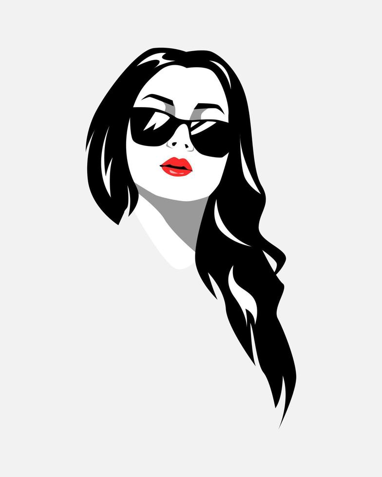 portrait de une beauté femme avec longue ondulé cheveux et porter des lunettes de soleil. isolé blanc Contexte. vecteur monochrome illustration.