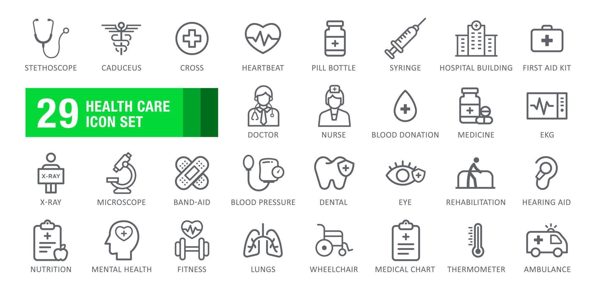 santé se soucier icône ensemble. médecin, ambulance, service, stéthoscope, seringue, hôpital, bâtiment, croix, médicament. vecteur illustration