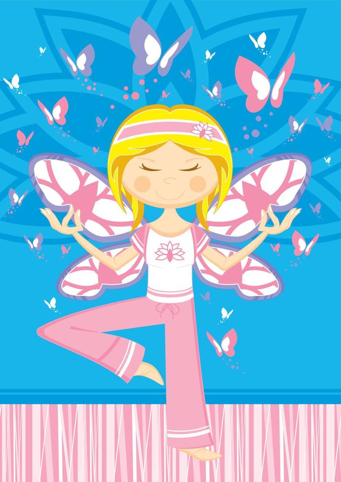 dessin animé yoga fille avec ailes et papillons illustration vecteur