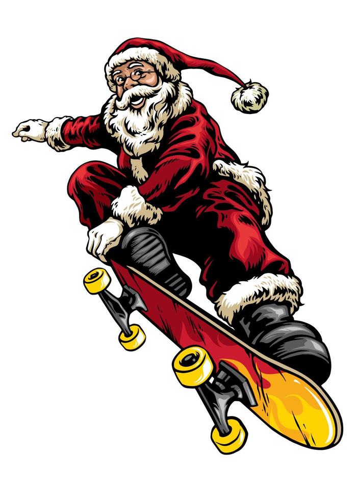 main dessin style de Père Noël équitation planche à roulette vecteur