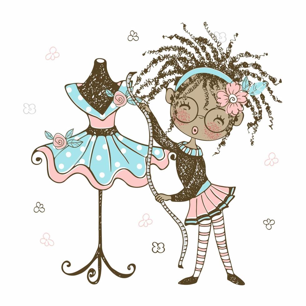 Jolie fille de créateur de mode afro avec ruban métrique, style doodle vecteur