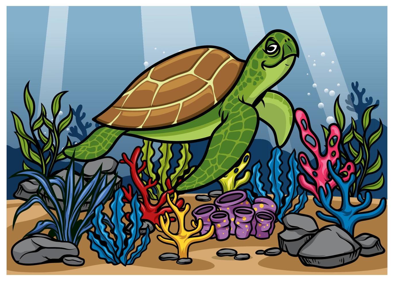 dessin animé de tortue sous-marin avec magnifique corail vecteur