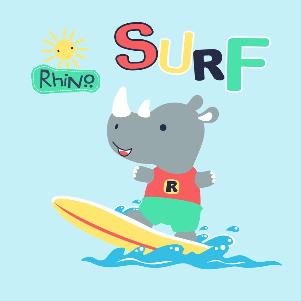 vecteur dessin animé de peu rhinocéros dans surfant