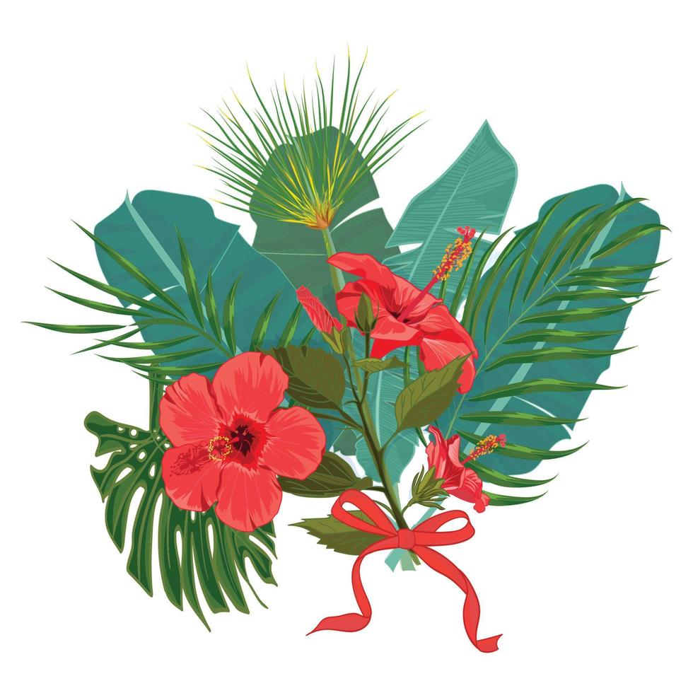 main tiré tropical paume feuilles et jungle exotique fleur bouquet isolé sur blanc Contexte avec sans couture Cadre frontière vecteur