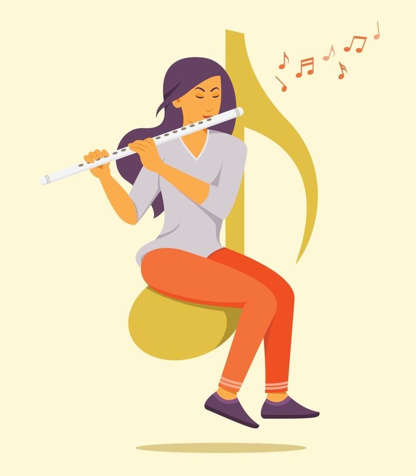 femme s'asseoir sur le grand symbole de note de musique et aime jouer de la flûte. vecteur