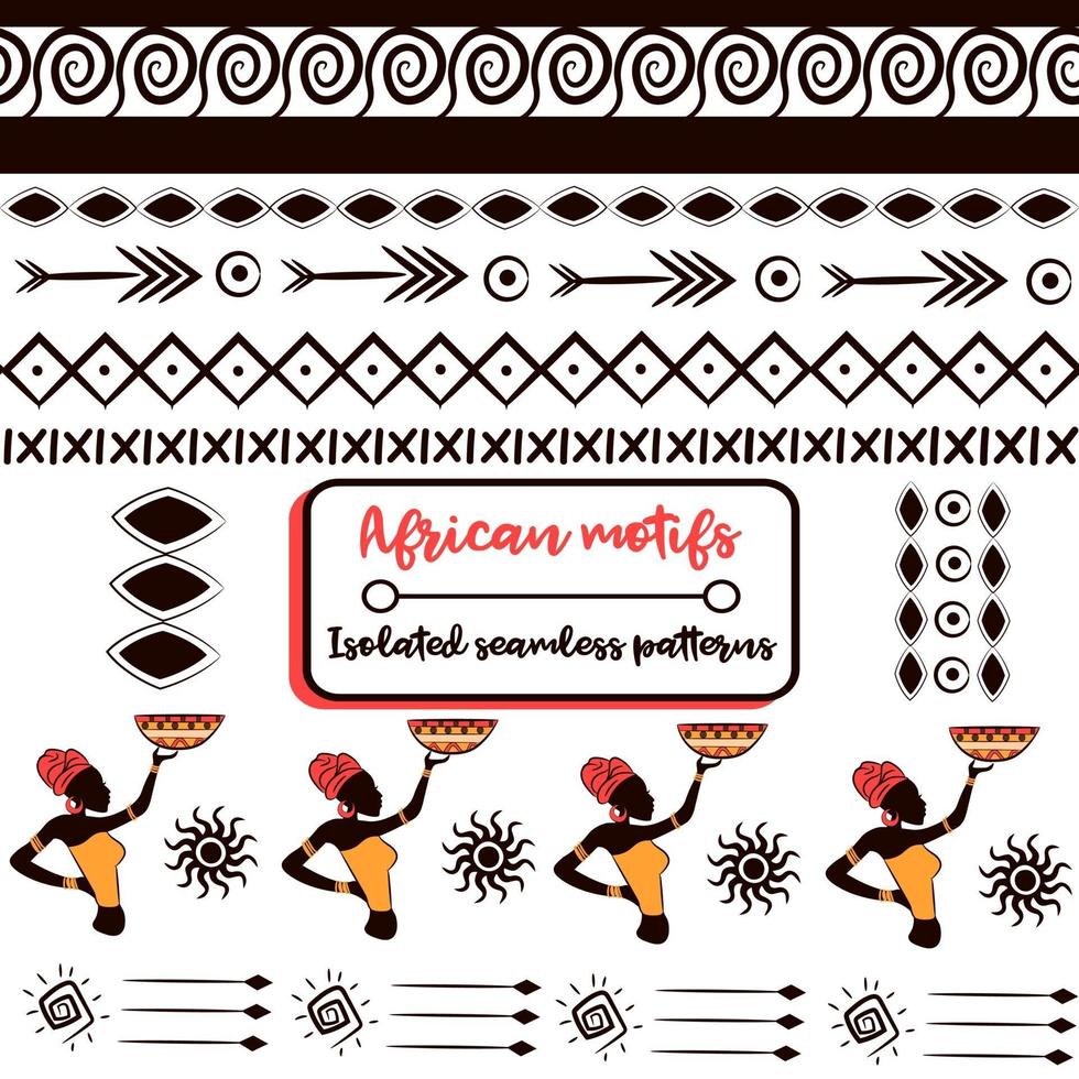 Pack d'éléments tribaux ethniques avec des bordures et des motifs africains. collection de modèles sans soudure folkloriques et nationaux d'Afrique. arrière-plans répétés isolés avec des griffonnages culturels aztèques, mayas et indiens. vecteur