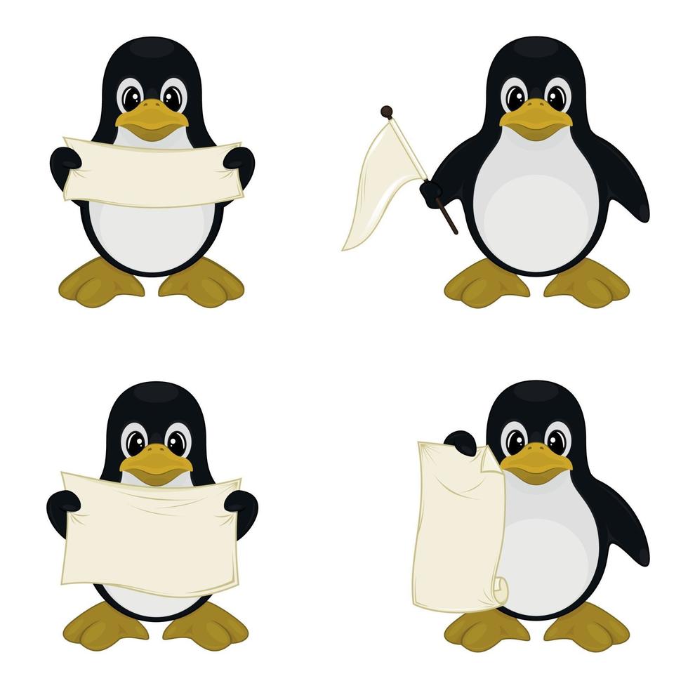 quatre pingouins mignons avec des signes vecteur