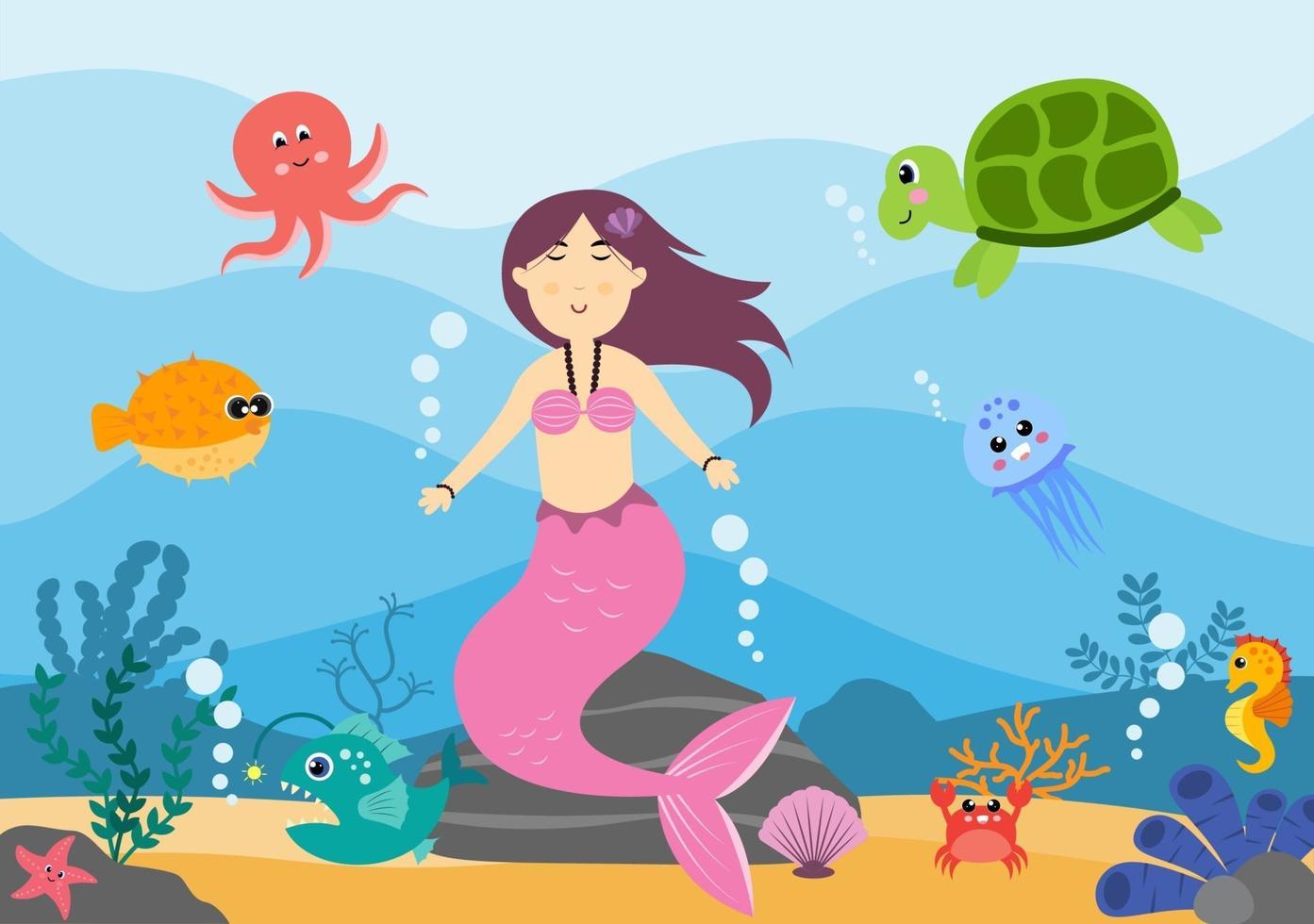 illustration vectorielle de sirène sous-marine mignons personnages de dessins animés animaux marins avec poisson, tortue, poulpe, hippocampe, crabe vecteur