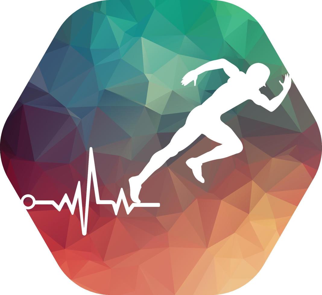 vecteur d'icône de conception de logo de marathon d'impulsion. création de logo de soins de santé du corps. homme en cours d'exécution avec icône de battement de coeur ecg de ligne.