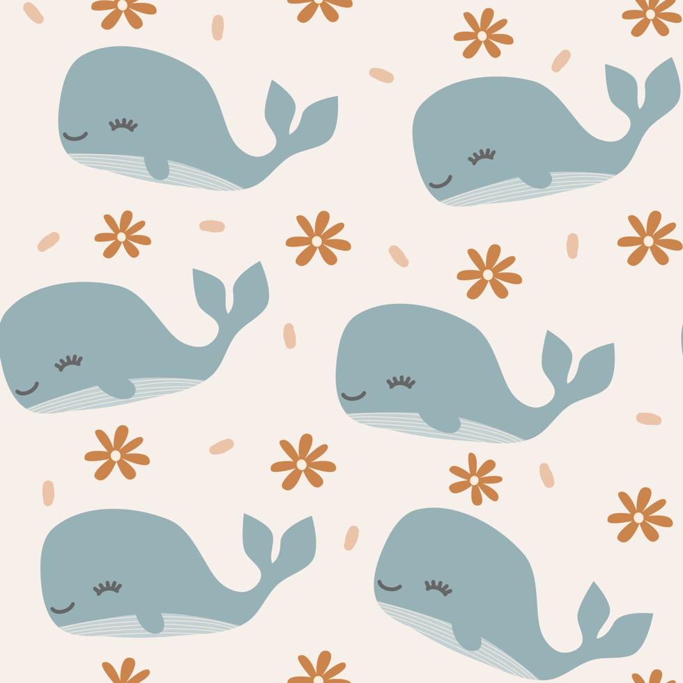 mignonne pastel bleu dessin animé baleine sans couture vecteur modèle Contexte illustration avec marron Marguerite fleurs