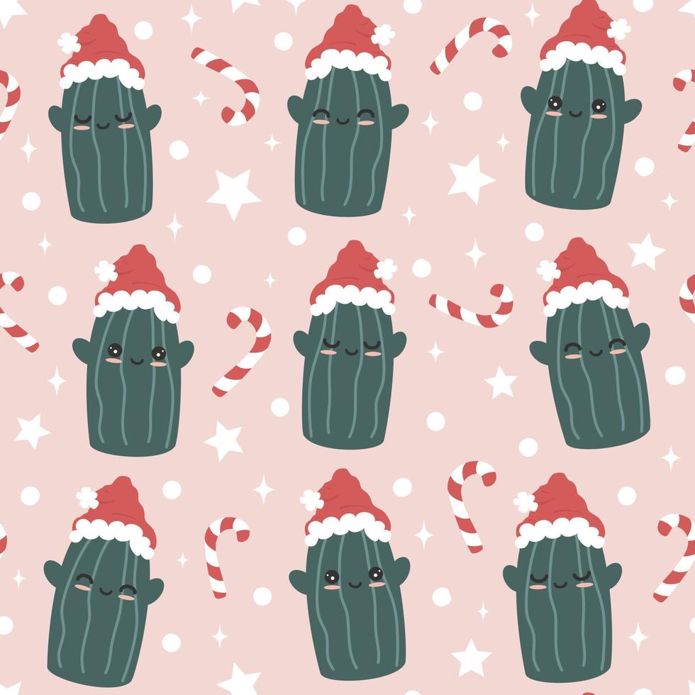 mignonne Noël sans couture vecteur modèle Contexte illustration avec marrant dessin animé personnage cactus avec Père Noël claus chapeau, étoiles, flocons de neige et bonbons canne