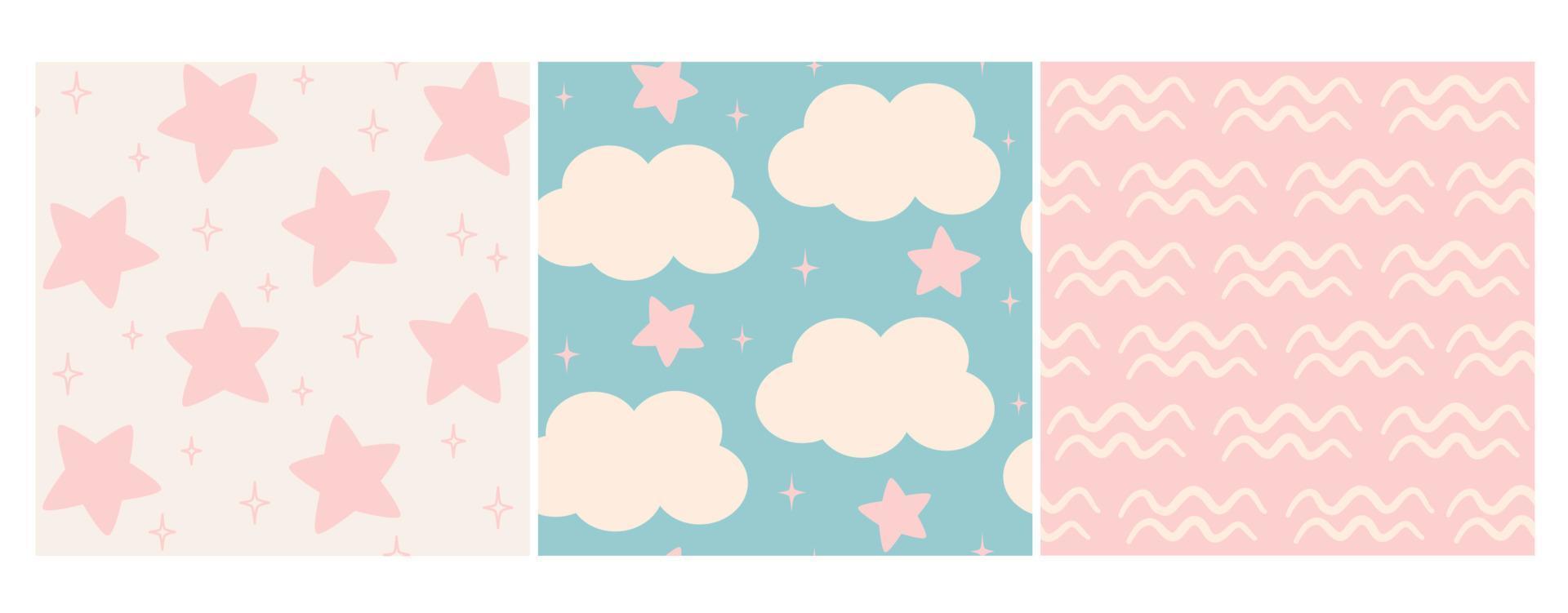 mignonne charmant pastel rose et bleu main tiré ensemble de sans couture vecteur modèle Contexte illustration avec étoiles et des nuages pour enfants, bébé douche et autres