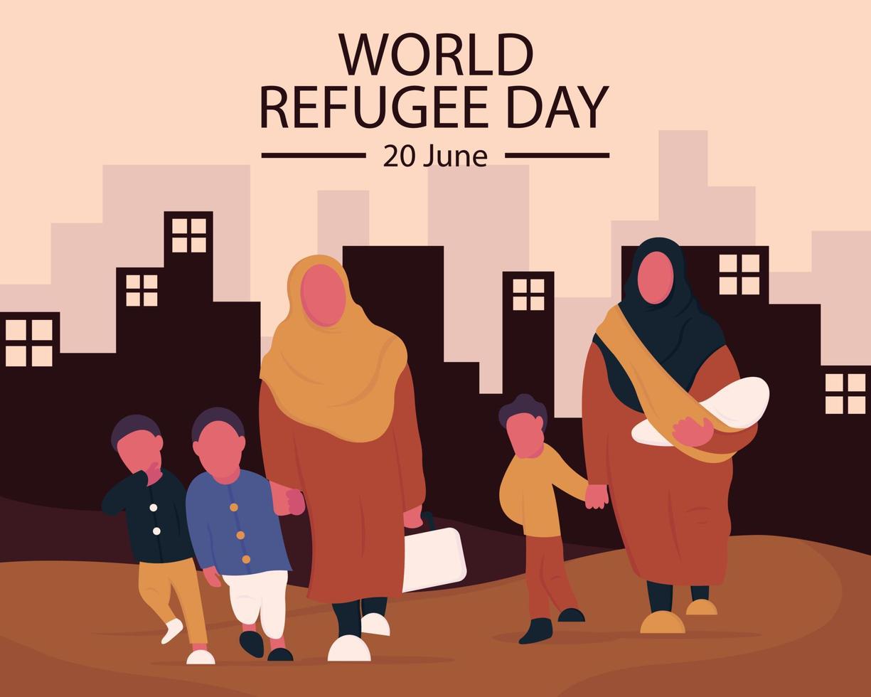 illustration vecteur graphique de deux femmes et leur les enfants fuite le ville par le désert, parfait pour international jour, monde réfugié jour, célébrer, salutation carte, etc.