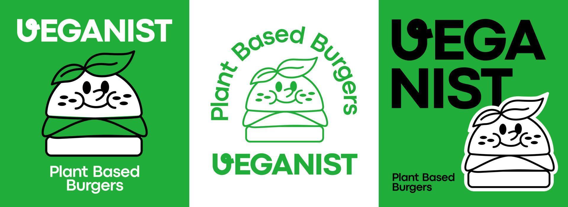 main tiré content Burger logo mascotte dessin animé. plante basé Burger pour régime, végétalien, végétarien Hamburger, logo glyphe icône modèle vecteur