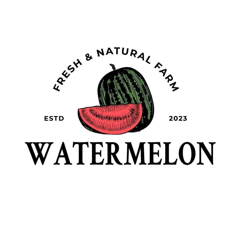 illustration de logo de fruit de pastèque vintage adaptée à la fruiterie et à la ferme fruitière vecteur
