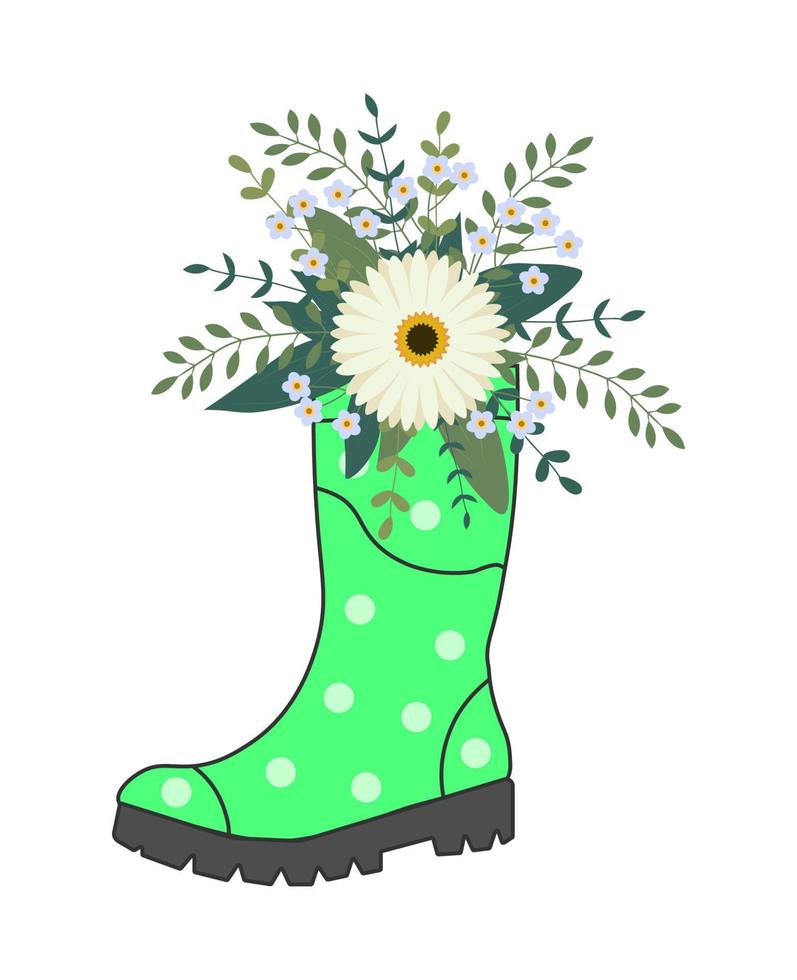 mignonne bouquet dans vert caoutchouc bottes. jardinage démarrage avec fleurs. printemps concept vecteur