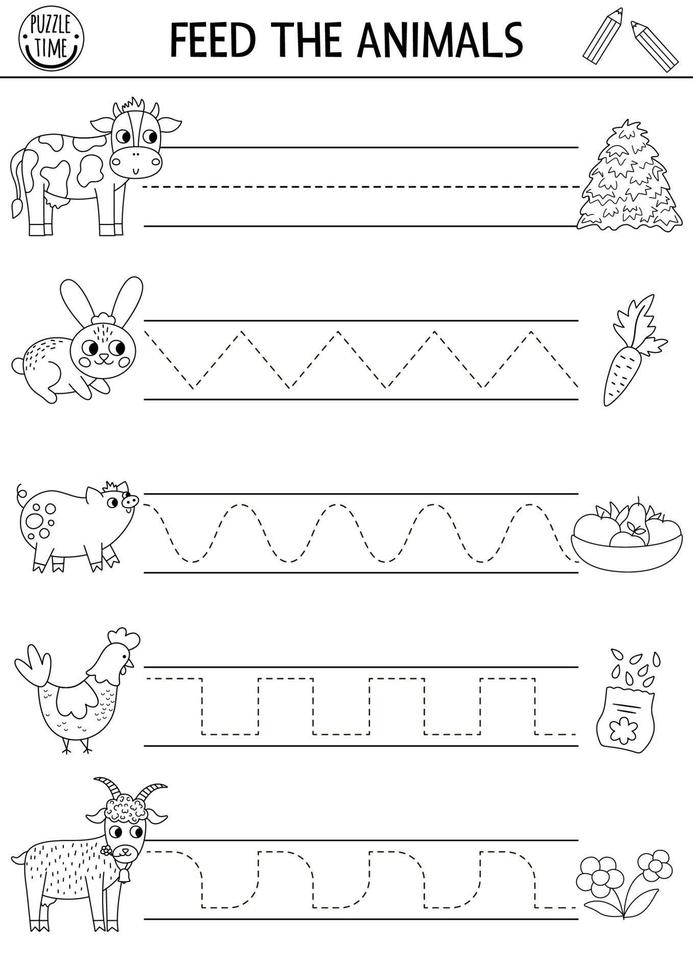 vecteur sur le ferme écriture entraine toi feuille de travail. rural pays imprimable noir et blanc activité pour préscolaire les enfants. tracé Jeu pour l'écriture compétences. alimentation le ferme animaux coloration page