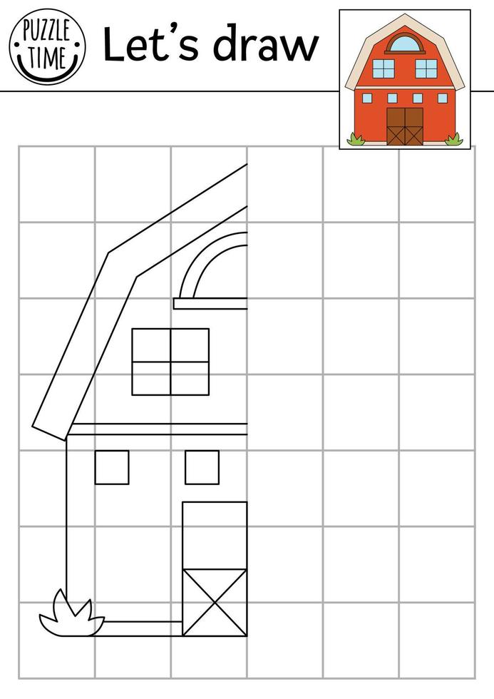 Achevée le Grange photo. vecteur sur le ferme symétrique dessin entraine toi feuille de travail. imprimable noir et blanc activité pour préscolaire enfants. copie le image rural pays Jeu avec cabanon