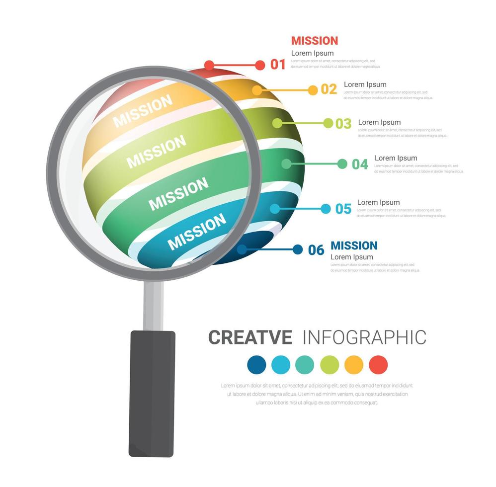infographie avec grossissant verre pour global affaires et financier une analyse de le central élément avec 6 pas, choix, les pièces, processus. vecteur