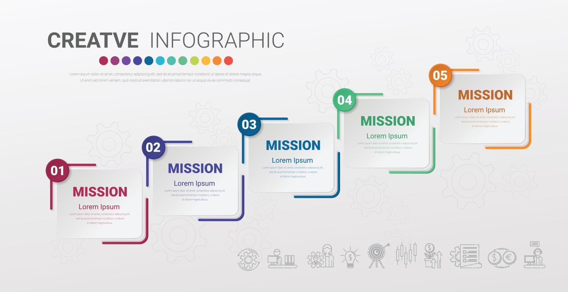 Le modèle d'infographie de présentation avec 5 options, la conception d'infographie vectorielle et les icônes de marketing peuvent être utilisés pour la mise en page, les étapes ou les processus du flux de travail. vecteur