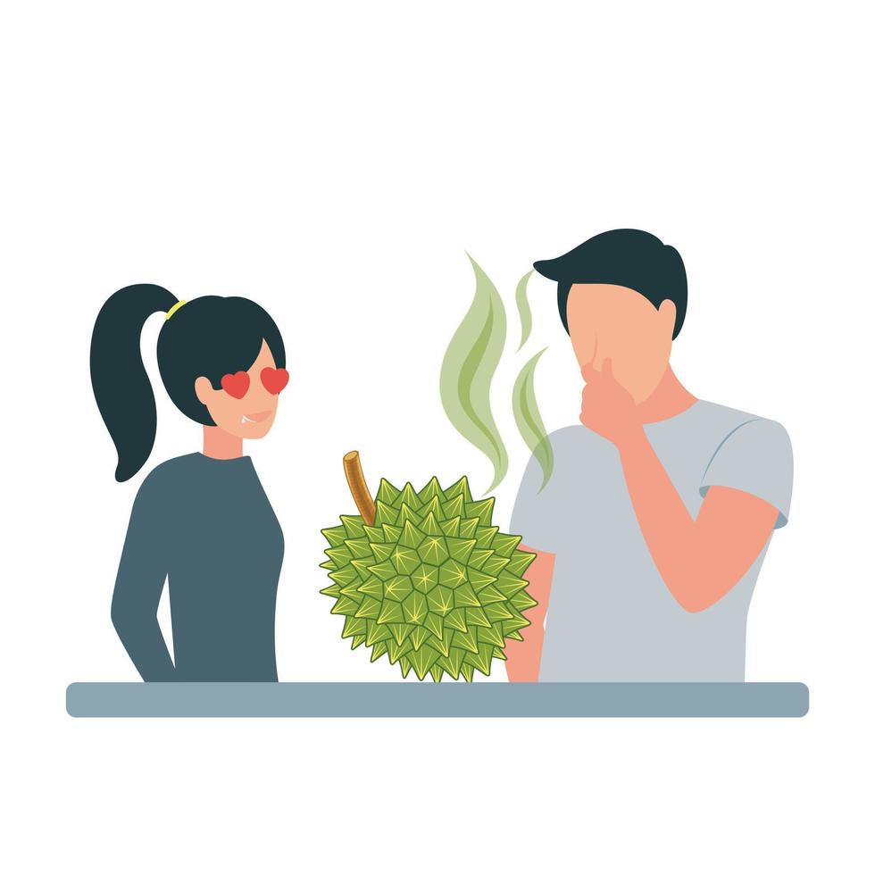 illustration de une femme à la recherche à une durian avec une le désir à manger il, une homme permanent proche se ferme le sien nez de un désagréable odeur. gens supporter près une durian vecteur