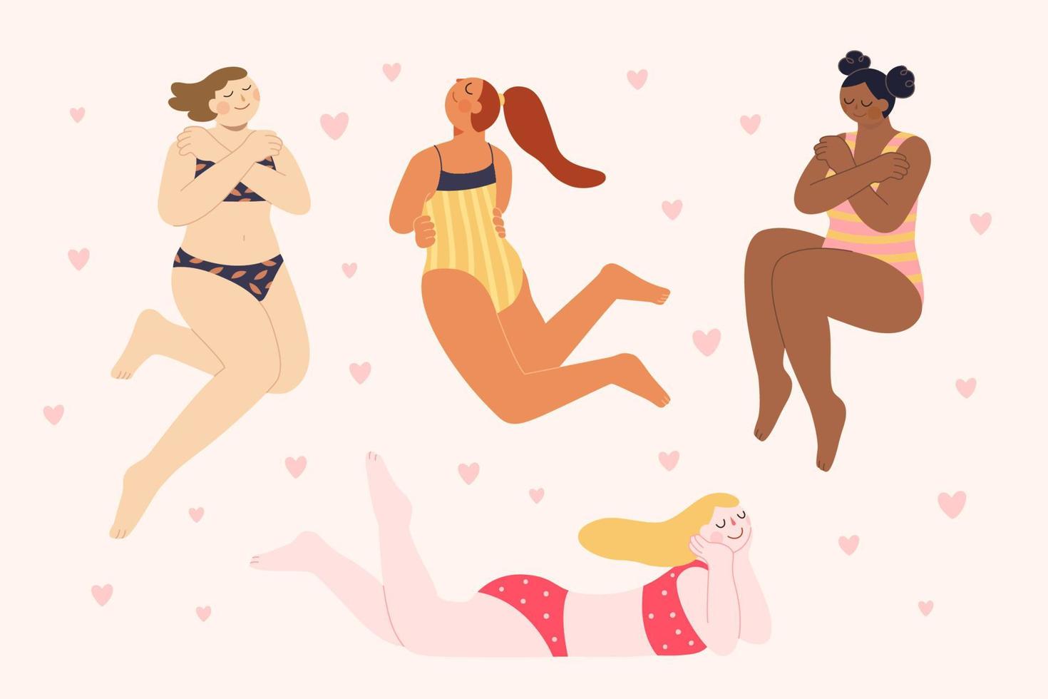 quatre multi ethnique femmes dans bikini embrassement se sur lumière rose Couleur Contexte avec petit cœur décorations. corps positif femmes acceptant leur corps, plat illustration. vecteur