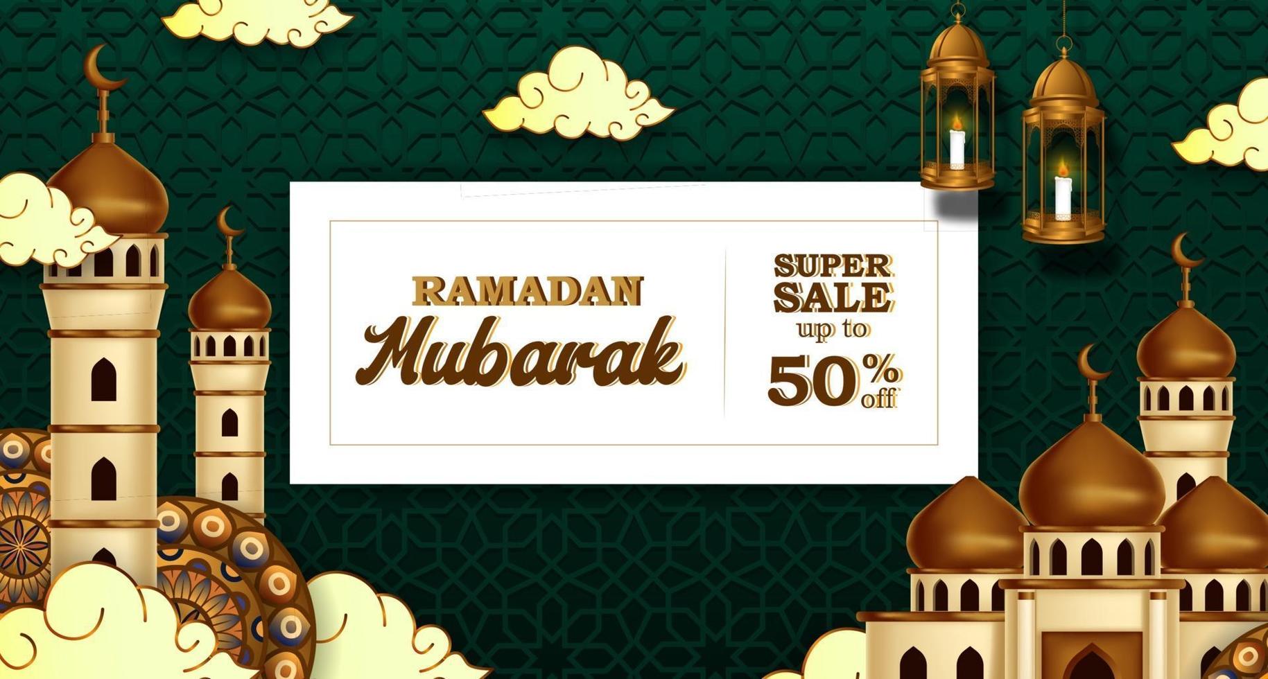 ramadan mubarak vente offre bannière luxe élégant avec décoration mosquée et lanterne vecteur