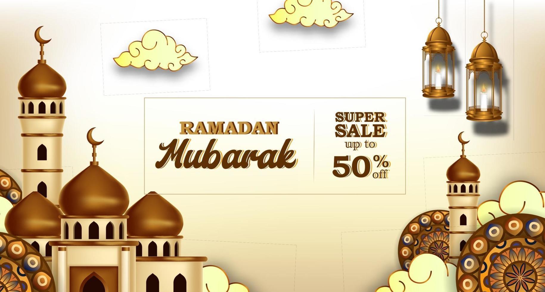 ramadan mubarak vente offre bannière luxe élégant avec décoration mosquée et lanterne vecteur