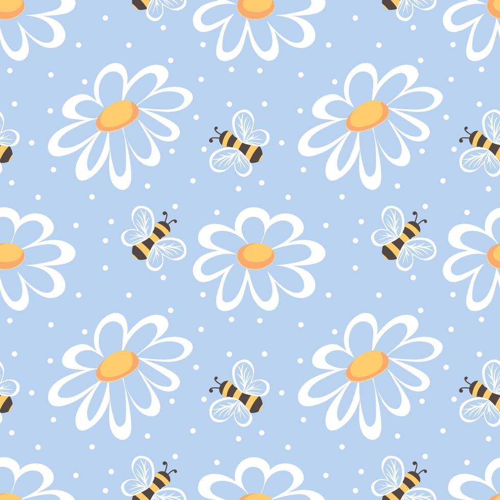 sans couture modèle avec mon chéri les abeilles, marguerites et polka points sur bleu Contexte vecteur