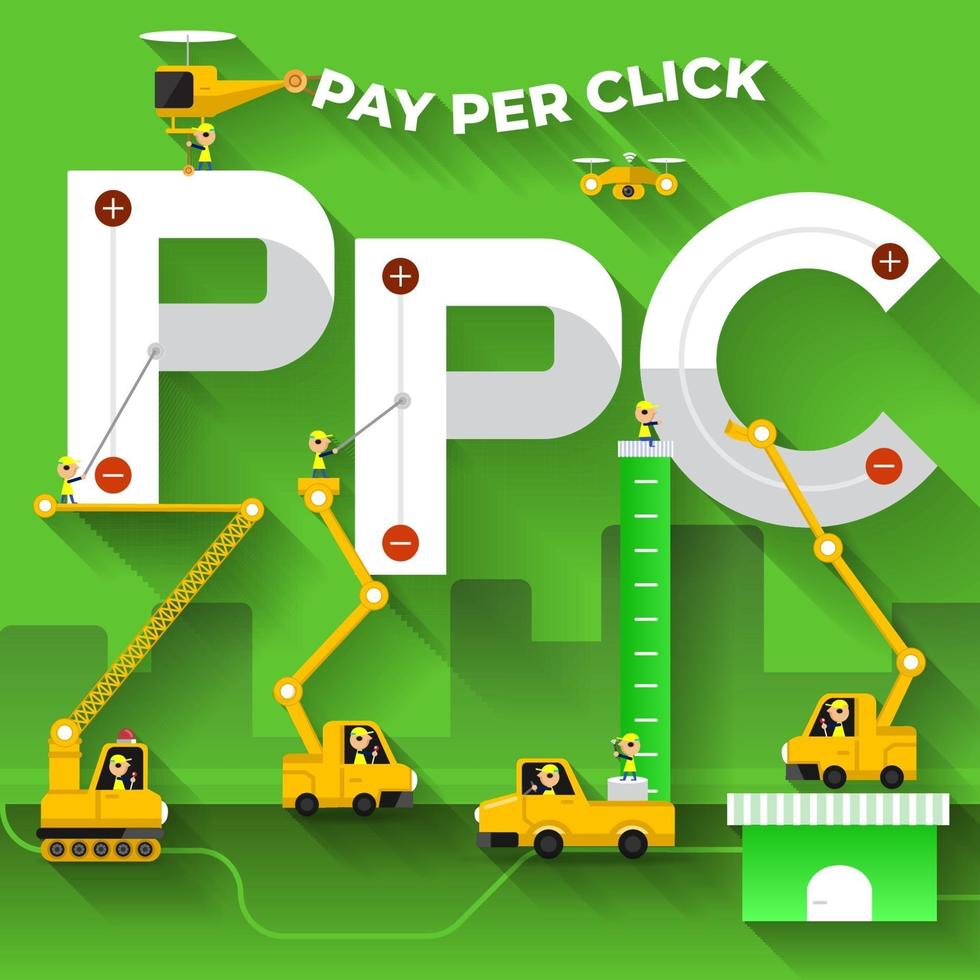 équipe de construction construisant la phrase pay per click vecteur